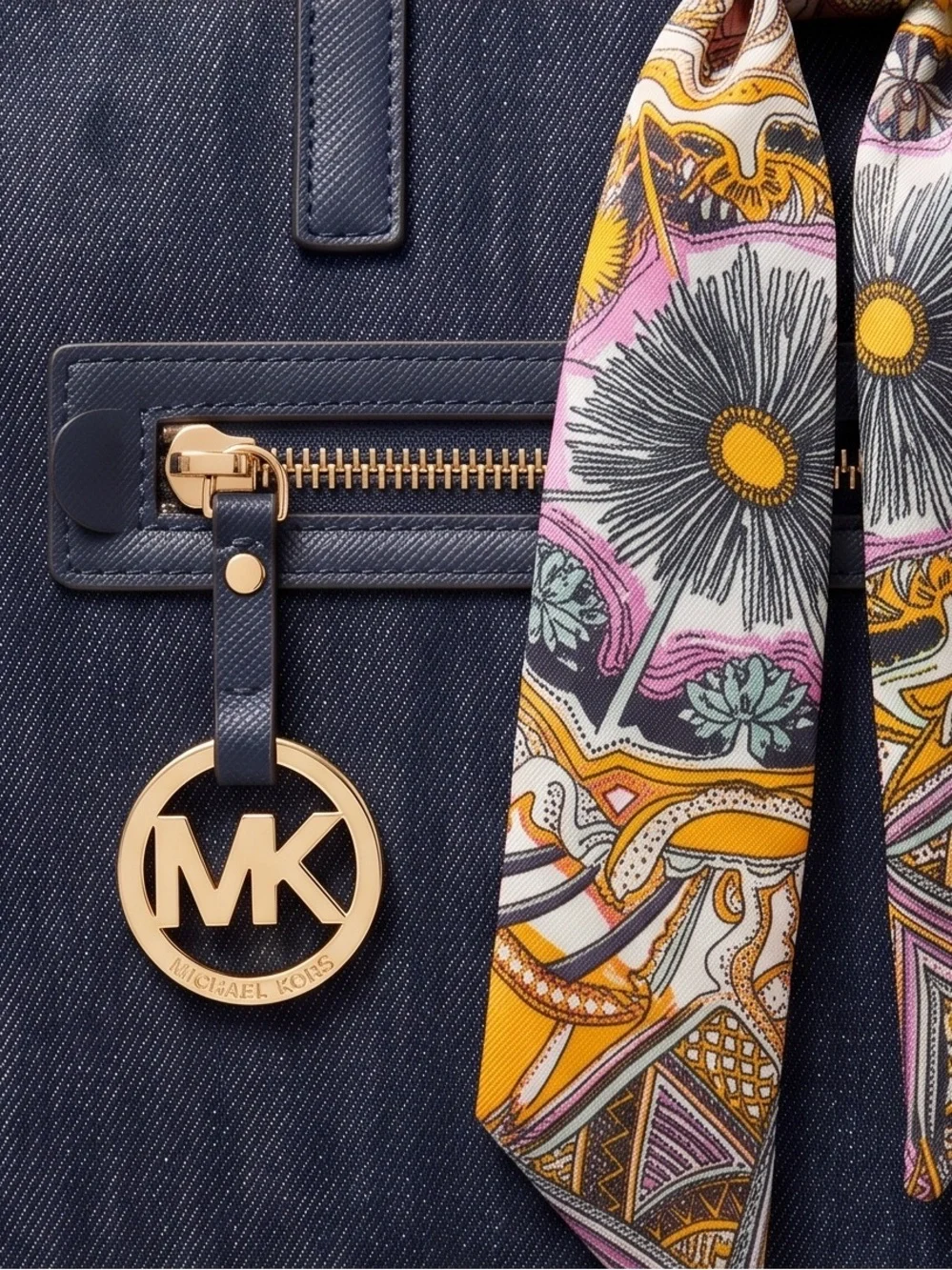 Michael Kors Black Denim Tote with Multicolor Scarf Accent